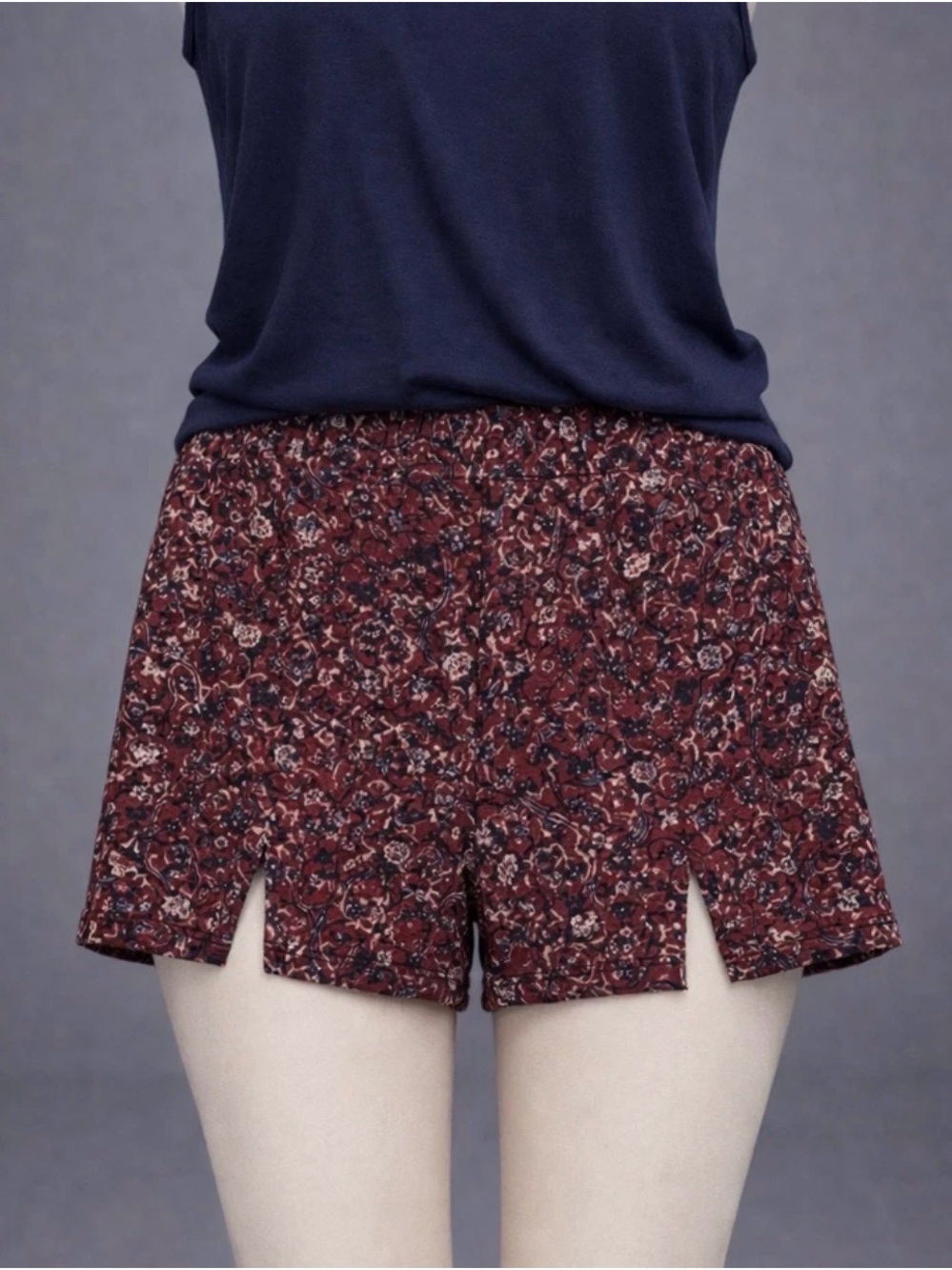 Women’s Boho Floral Shorts Burgundy Front Slit Lightweight Summer